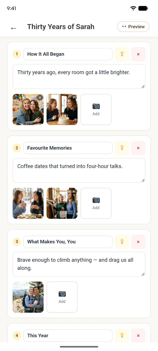 Adding photos and words to each chapter